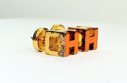 Vintage Hermes Cage d'H Gold Plated Red Lacquer Stud Earrings w/box Iconic GS733