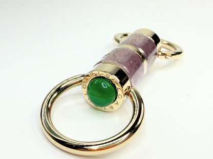 Vintage Bulgari Brown Enamel & Green Cabochon Metal Keyring Luxury SS193