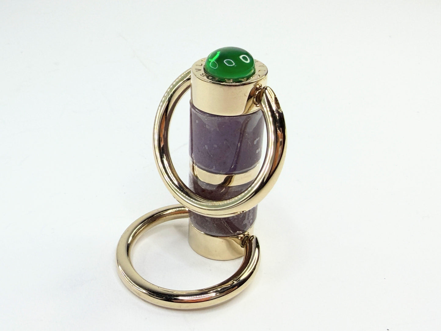 Vintage Bulgari Brown Enamel & Green Cabochon Metal Keyring Luxury SS193