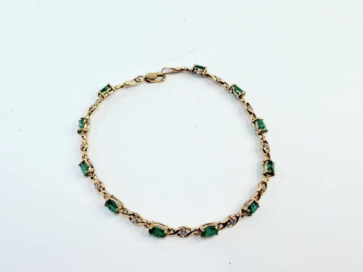 Vintage 14K Gold Emerald Diamond Link Bracelet Classic Design 7.25" 5.4g JR1298