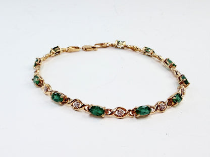 Vintage 14K Gold Emerald Diamond Link Bracelet Classic Design 7.25" 5.4g JR1298