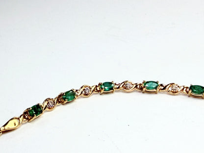 Vintage 14K Gold Emerald Diamond Link Bracelet Classic Design 7.25" 5.4g JR1298