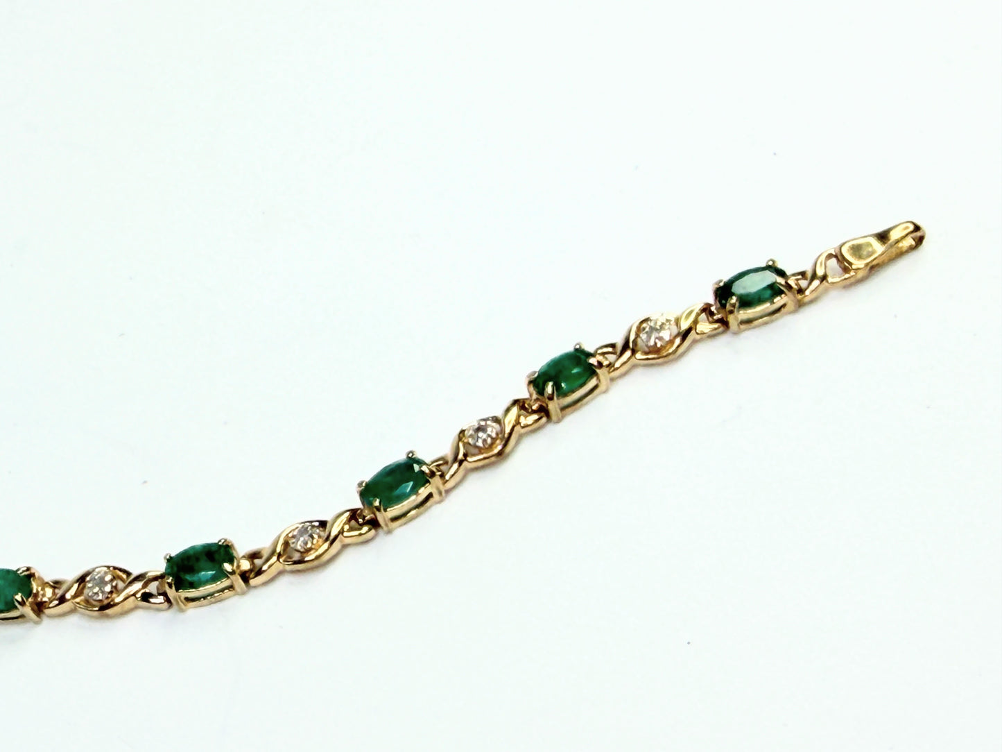 Vintage 14K Gold Emerald Diamond Link Bracelet Classic Design 7.25" 5.4g JR1298