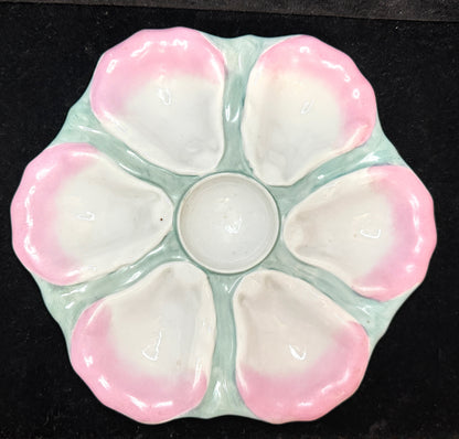 Antique Pink & Seafoam Green Porcelain 6-Well Oyster Plate 9.5" A1225