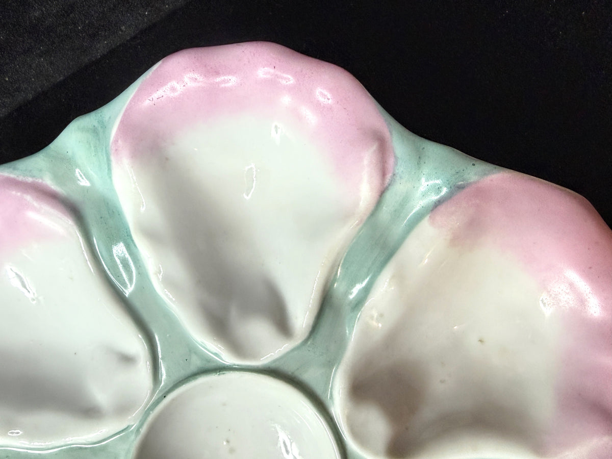Antique Pink & Seafoam Green Porcelain 6-Well Oyster Plate 9.5" A1225