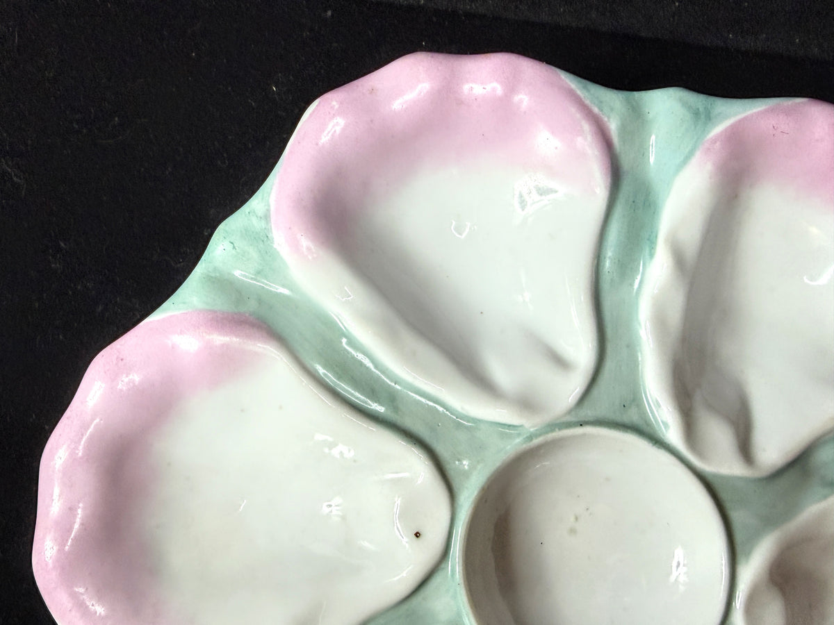 Antique Pink & Seafoam Green Porcelain 6-Well Oyster Plate 9.5" A1225