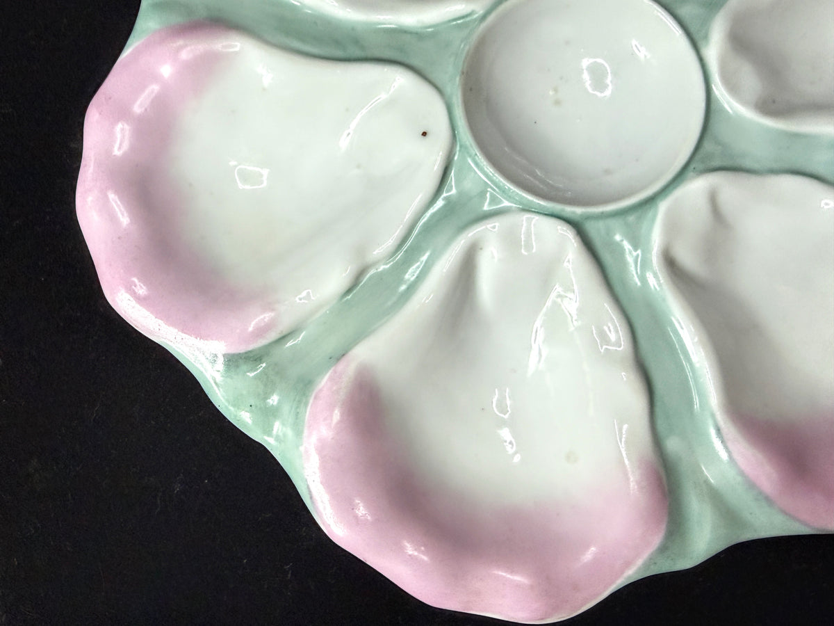 Antique Pink & Seafoam Green Porcelain 6-Well Oyster Plate 9.5" A1225