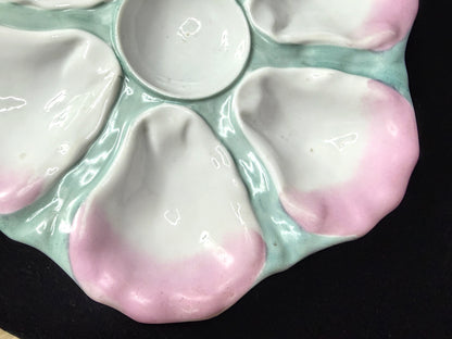 Antique Pink & Seafoam Green Porcelain 6-Well Oyster Plate 9.5" A1225