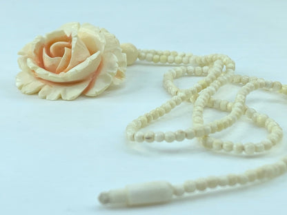 Antique Carved, Fine Resin Cabbage Rose Pendant & Bead Necklace 67g GS556