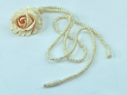 Antique Carved, Fine Resin Cabbage Rose Pendant & Bead Necklace 67g GS556