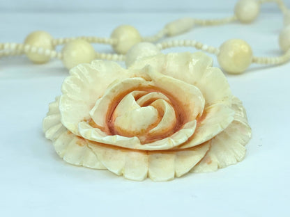 c1900 Carved Huge 2" Fine Resin Cabbage Rose Pendant & Bead Necklace GS557
