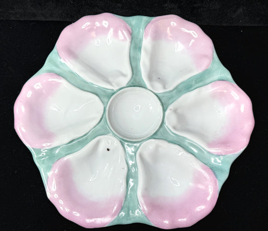 c19th century Pastel Rose and Seafoam Molded Shell Oyster Dish 9.5" A1228