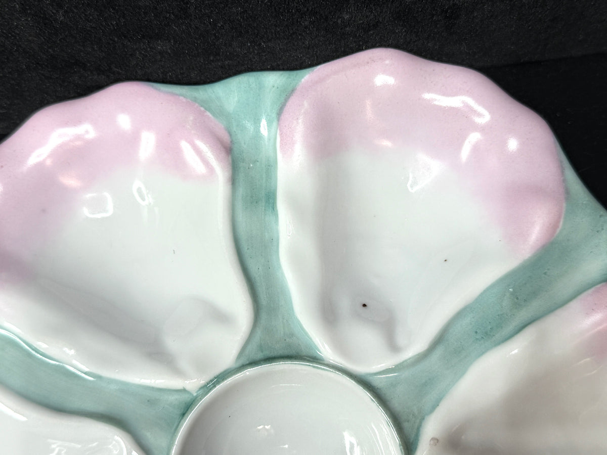 c19th century Pastel Rose and Seafoam Molded Shell Oyster Dish 9.5" A1228