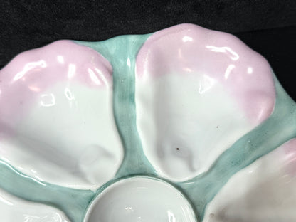 c19th century Pastel Rose and Seafoam Molded Shell Oyster Dish 9.5" A1228