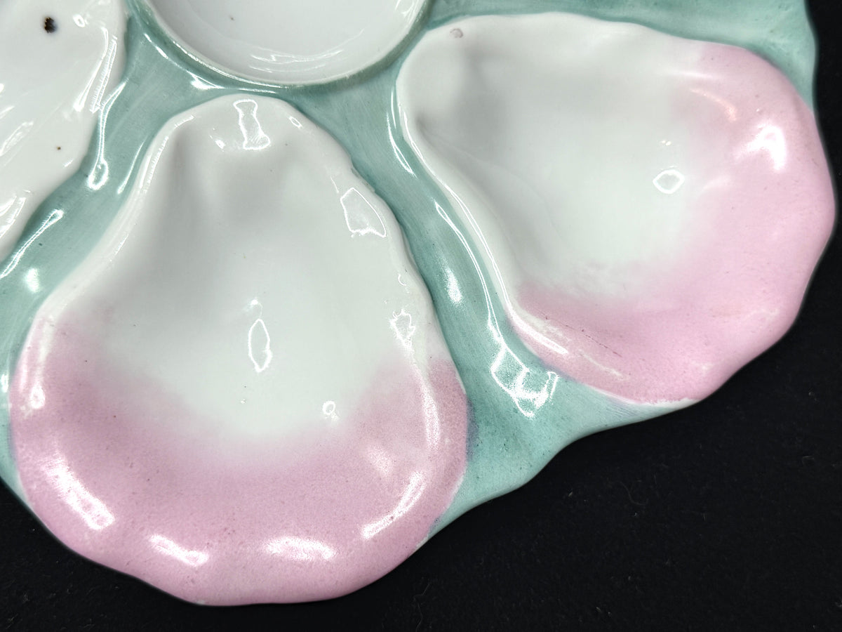c19th century Pastel Rose and Seafoam Molded Shell Oyster Dish 9.5" A1228