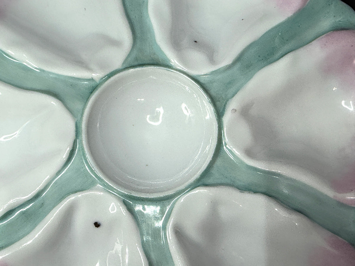 c19th century Pastel Rose and Seafoam Molded Shell Oyster Dish 9.5" A1228