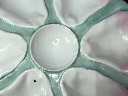c19th century Pastel Rose and Seafoam Molded Shell Oyster Dish 9.5" A1228