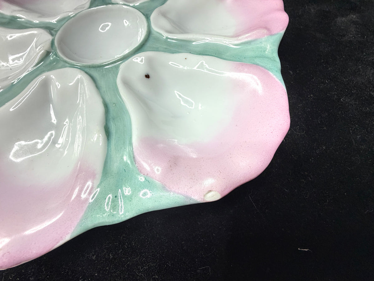 c19th century Pastel Rose and Seafoam Molded Shell Oyster Dish 9.5" A1228