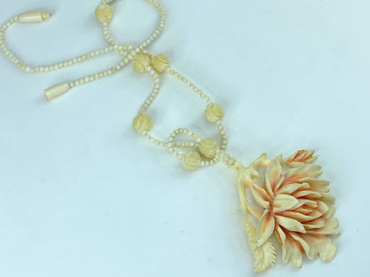 Early Century Fine Faux Ivory Cabbage Rose Pendant & Bead Necklace GS558