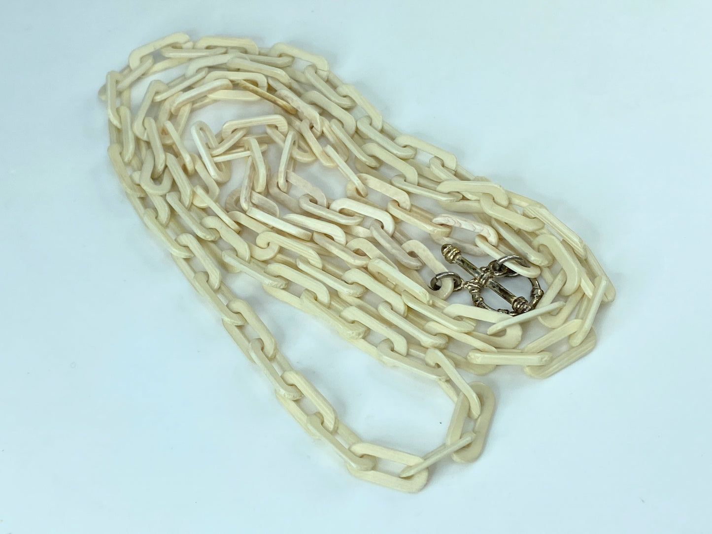 Early century Sterling 925 hand carved bone Octangular Toggle necklace 45" GS559