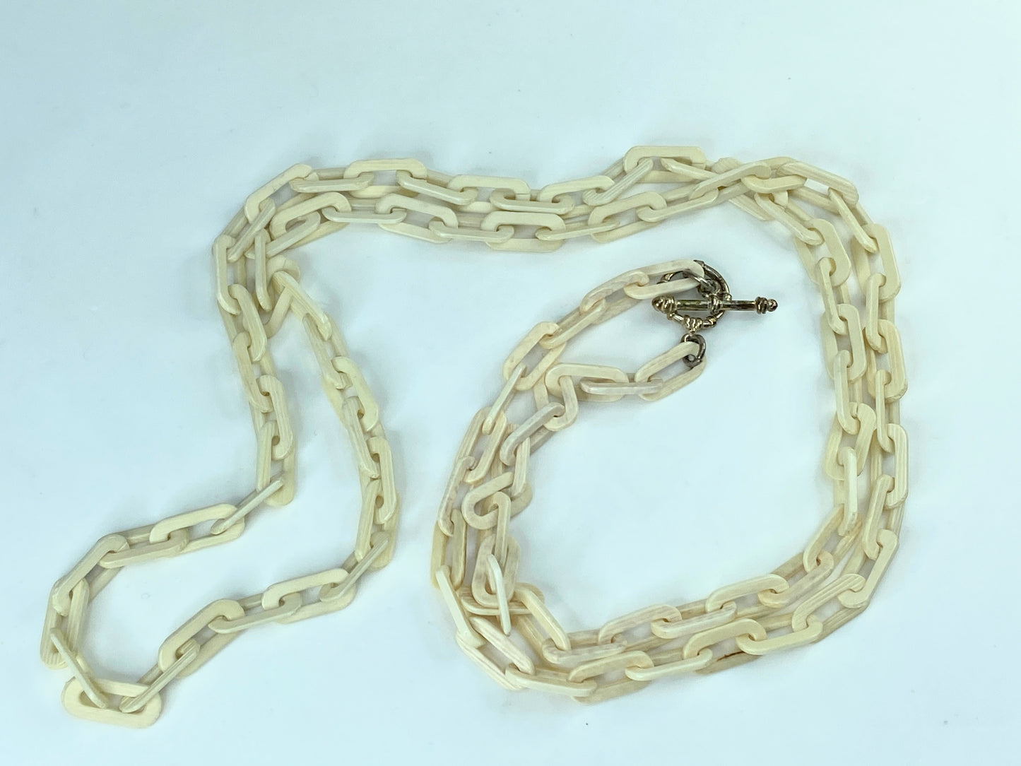 Early century Sterling 925 hand carved bone Octangular Toggle necklace 45" GS559