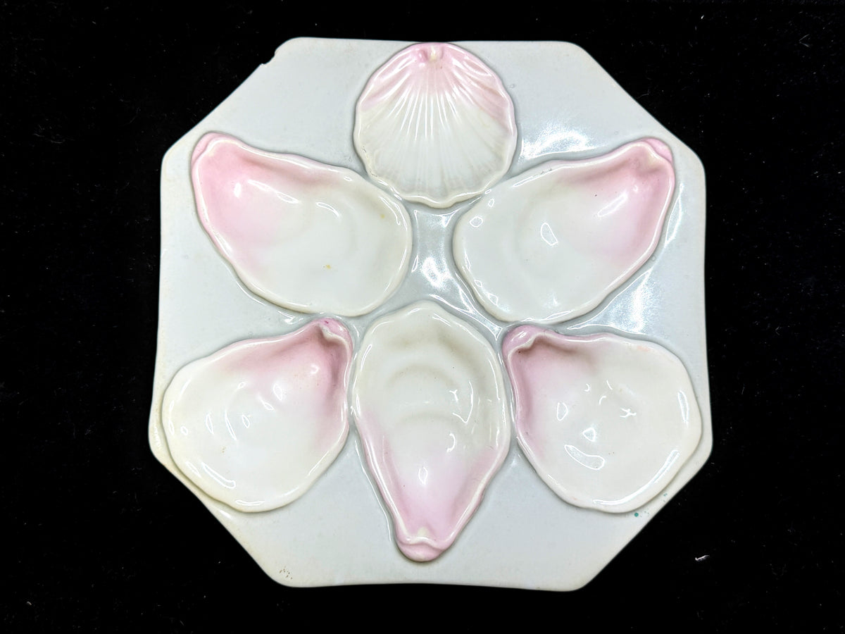 Antique Porcelain Oyster Plate Pink White 5 Wells Lemon Well Octagonal A1230