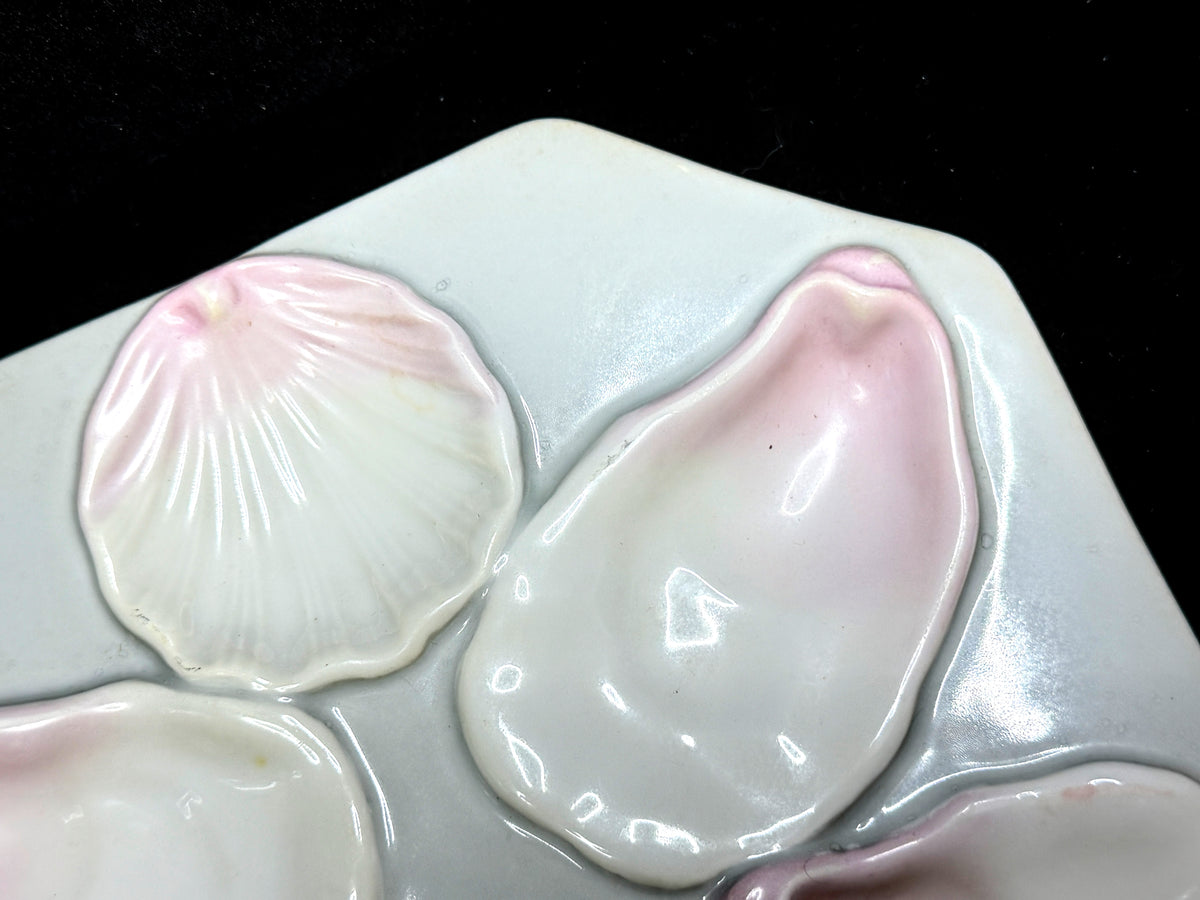 Antique Porcelain Oyster Plate Pink White 5 Wells Lemon Well Octagonal A1230