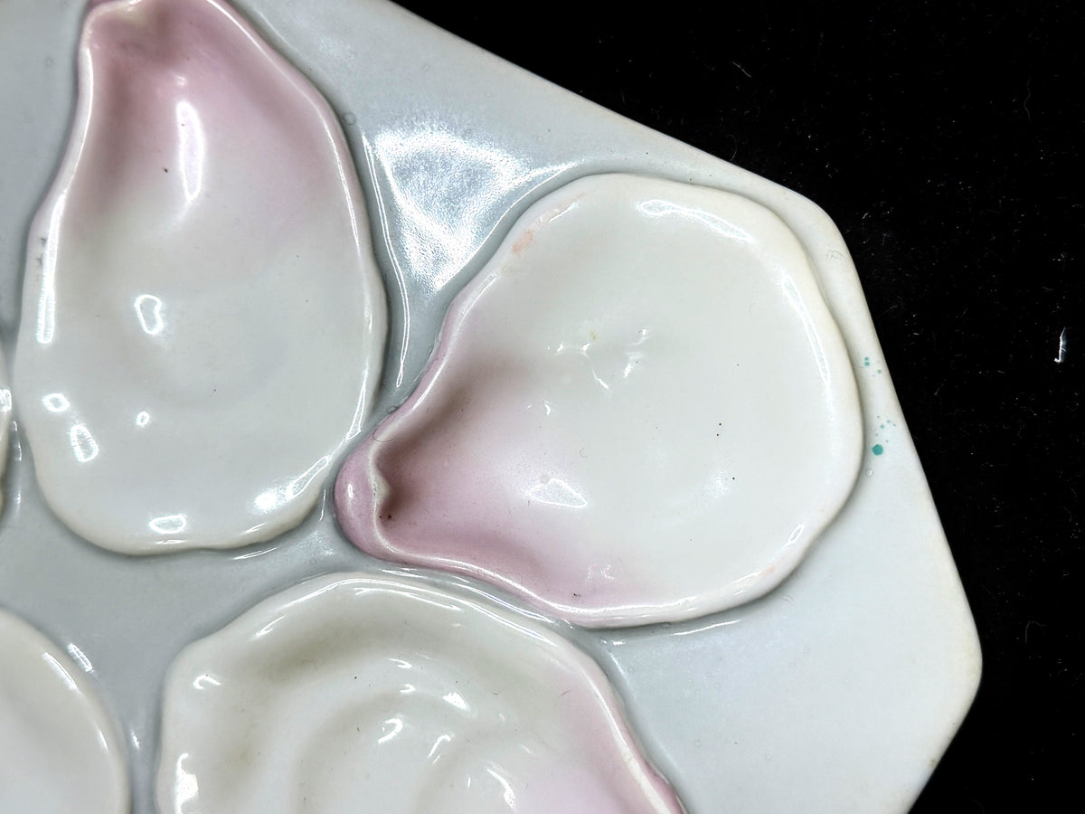 Antique Porcelain Oyster Plate Pink White 5 Wells Lemon Well Octagonal A1230