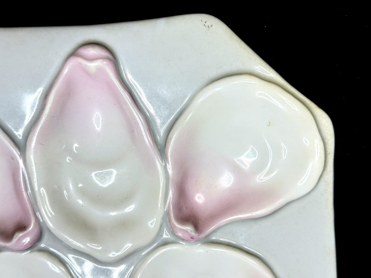 Antique Porcelain Oyster Plate Pink White 5 Wells Lemon Well Octagonal A1230