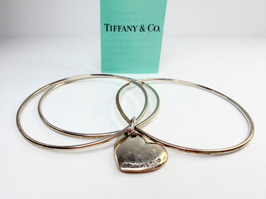 Vintage Tiffany & Co Sterling Silver Triple Bangles Heart Bracelet  7.5" JR1309