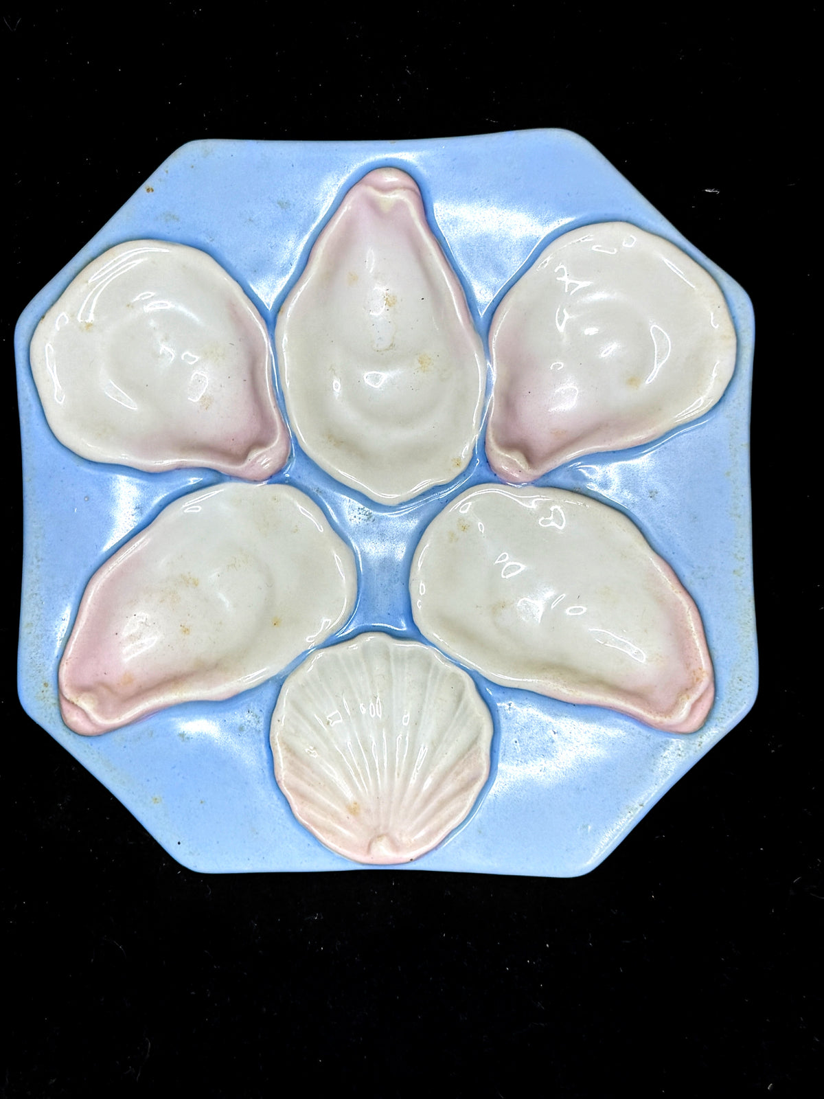 Antique Porcelain Oyster Plate Blue Pink 5 Wells Scallop Shell 8" A1233