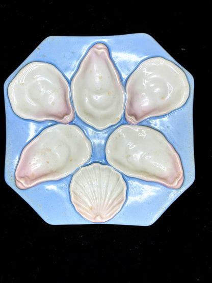 Antique Porcelain Oyster Plate Blue Pink 5 Wells Scallop Shell 8" A1233