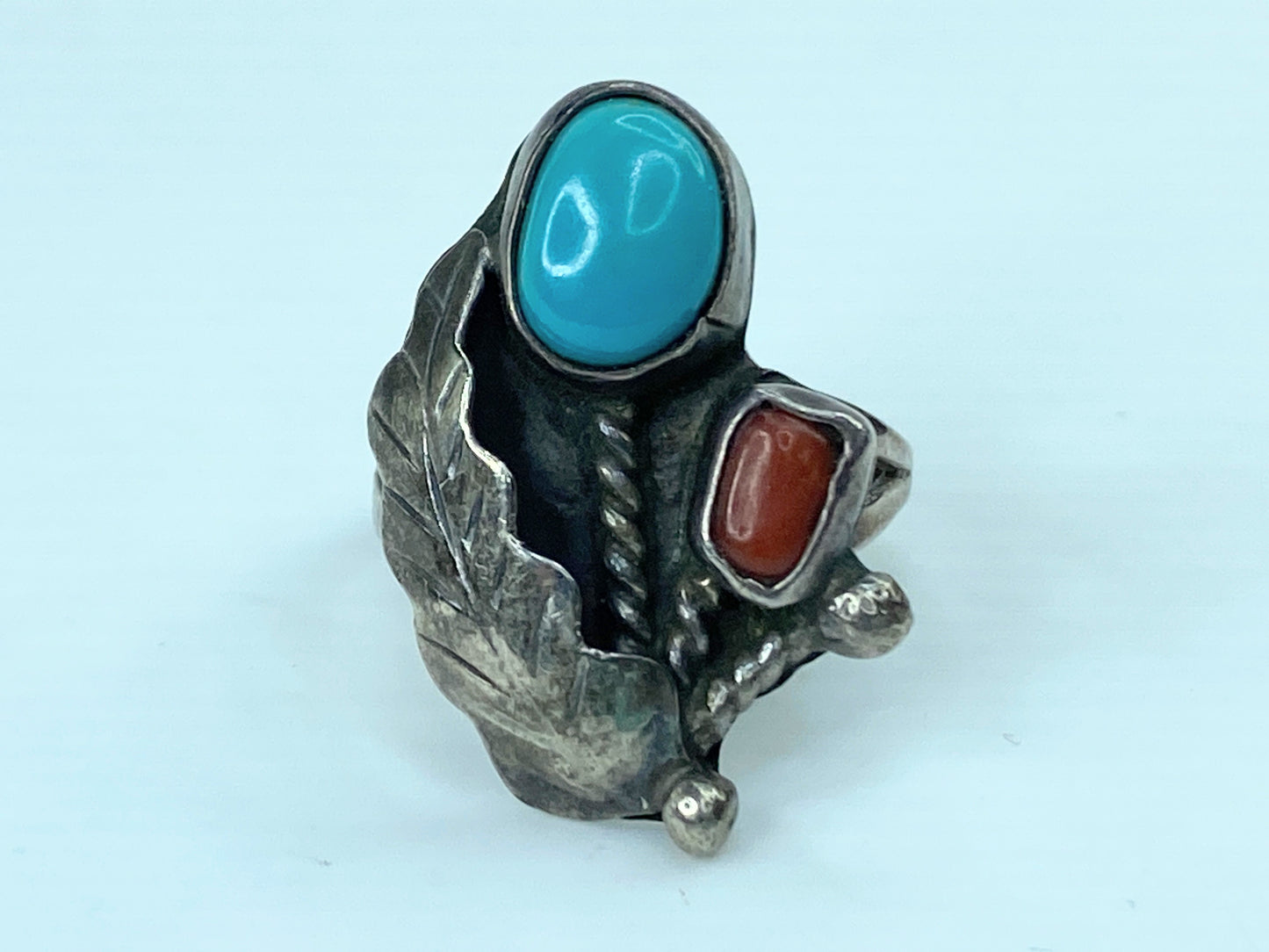 Navajo Ring 925 Silver Turquoise & Coral Artist Signed c1980 JR761