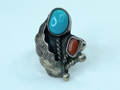 Navajo Ring 925 Silver Turquoise & Coral Artist Signed c1980 JR761