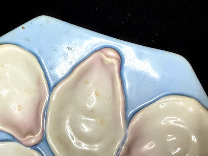 Antique Porcelain Oyster Plate Blue Pink 5 Wells Scallop Shell 8" A1233