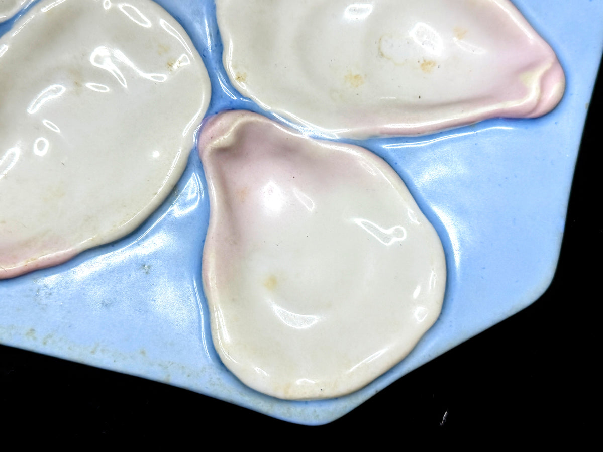 Antique Porcelain Oyster Plate Blue Pink 5 Wells Scallop Shell 8" A1233
