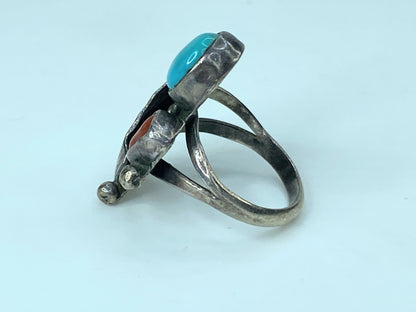 Navajo Ring 925 Silver Turquoise & Coral Artist Signed c1980 JR761