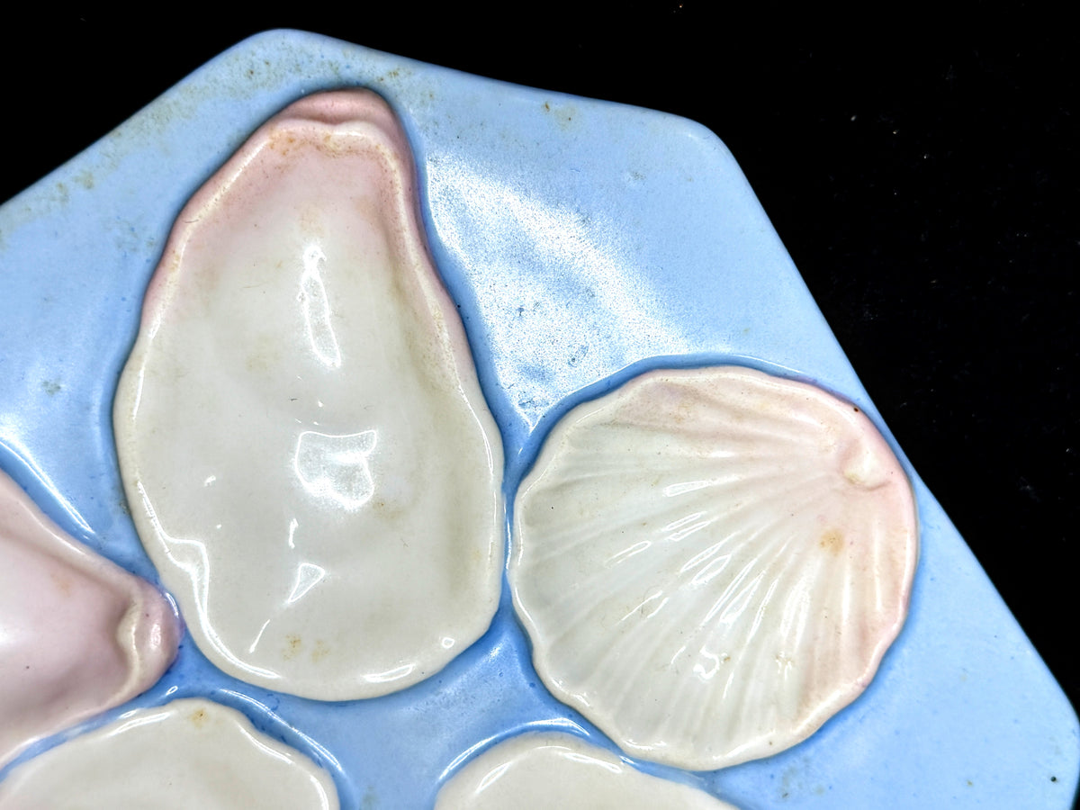 Antique Porcelain Oyster Plate Blue Pink 5 Wells Scallop Shell 8" A1233
