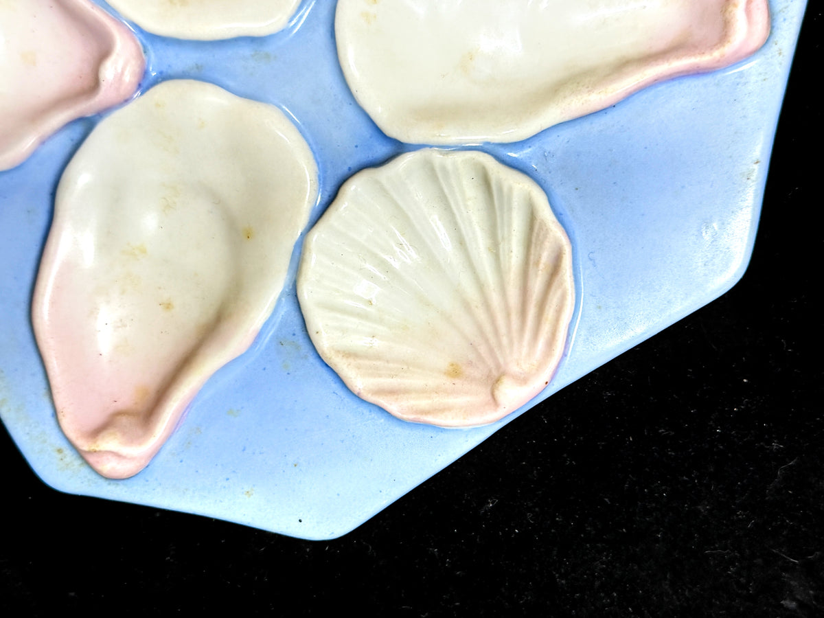 Antique Porcelain Oyster Plate Blue Pink 5 Wells Scallop Shell 8" A1233