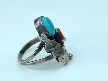 Navajo Ring 925 Silver Turquoise & Coral Artist Signed c1980 JR761