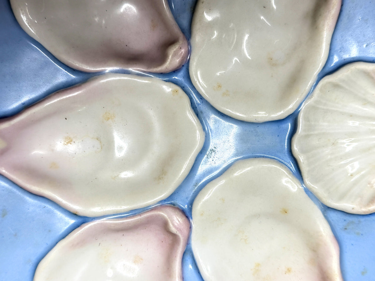 Antique Porcelain Oyster Plate Blue Pink 5 Wells Scallop Shell 8" A1233