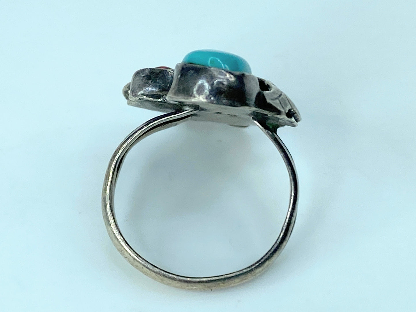 Navajo Ring 925 Silver Turquoise & Coral Artist Signed c1980 JR761