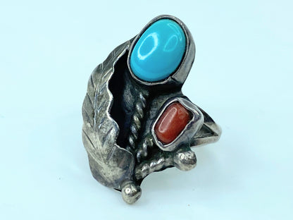 Navajo Ring 925 Silver Turquoise & Coral Artist Signed c1980 JR761
