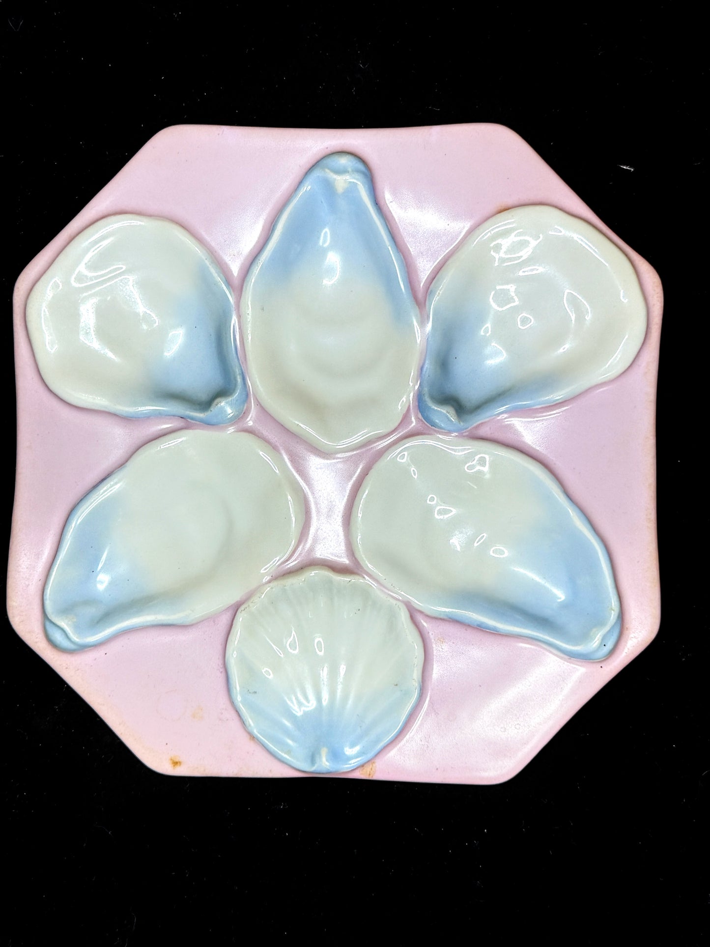 Antique French Porcelain Oyster Plate Pink Blue Six Wells Octagonal 8" A1235