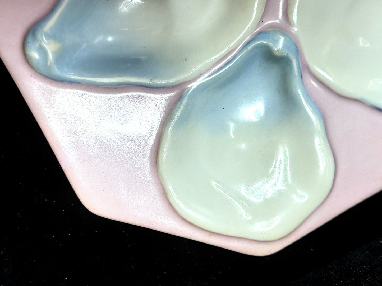Antique French Porcelain Oyster Plate Pink Blue Six Wells Octagonal 8" A1235