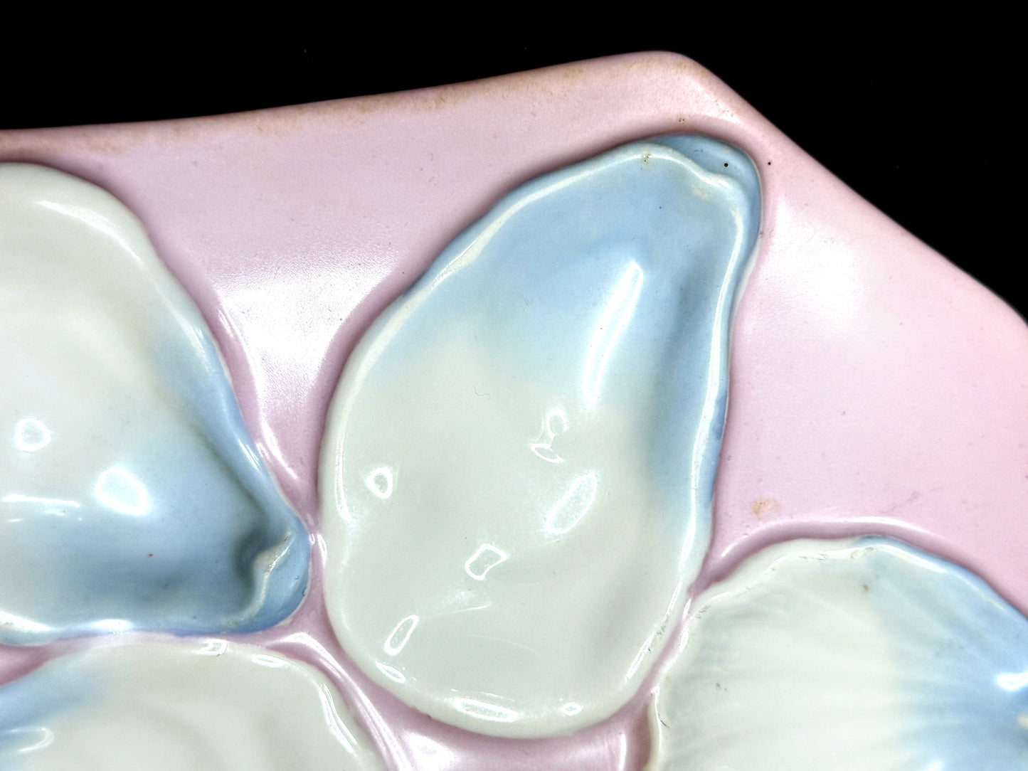 Antique French Porcelain Oyster Plate Pink Blue Six Wells Octagonal 8" A1235