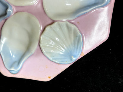 Antique French Porcelain Oyster Plate Pink Blue Six Wells Octagonal 8" A1235