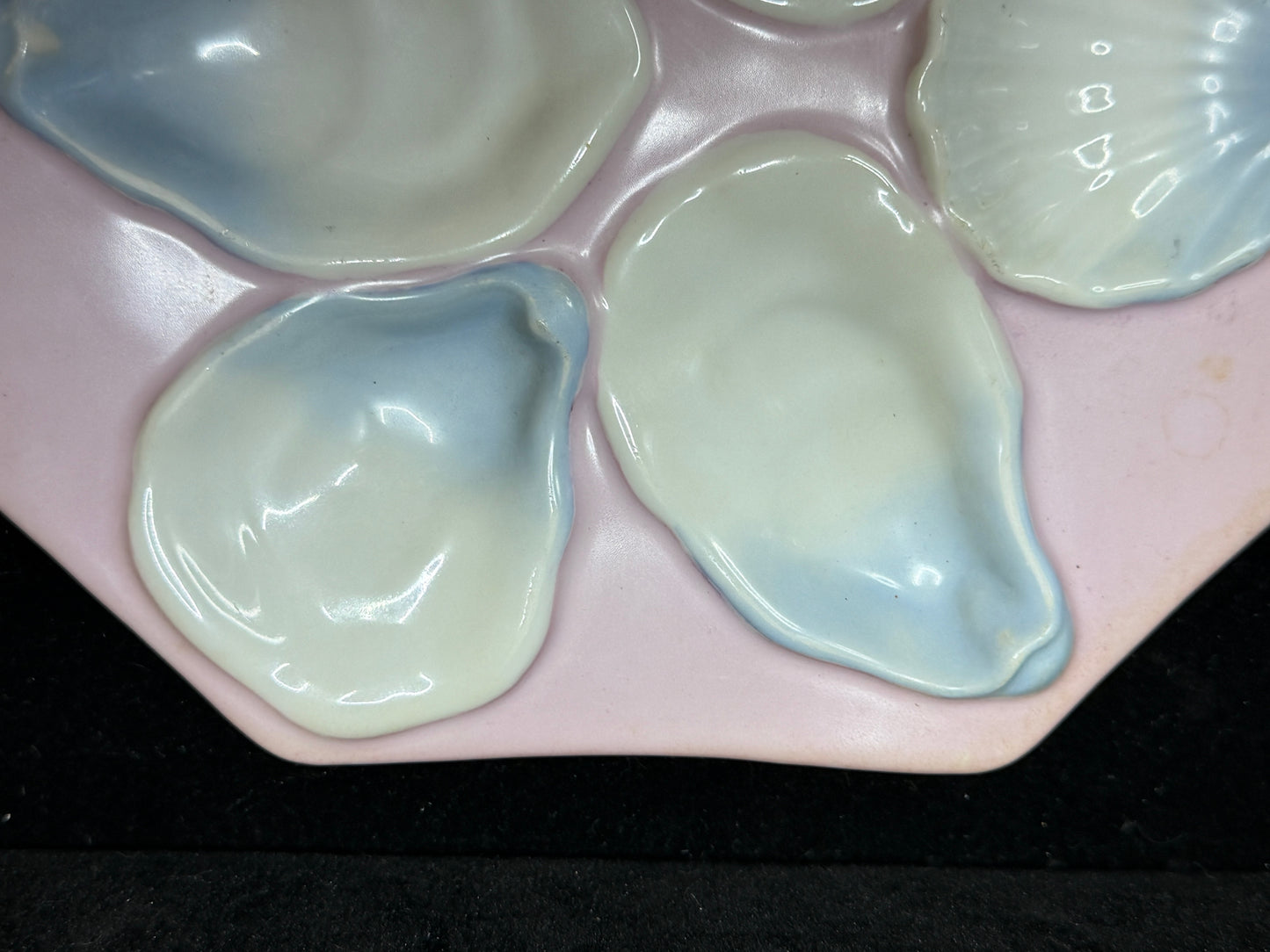 Antique French Porcelain Oyster Plate Pink Blue Six Wells Octagonal 8" A1235