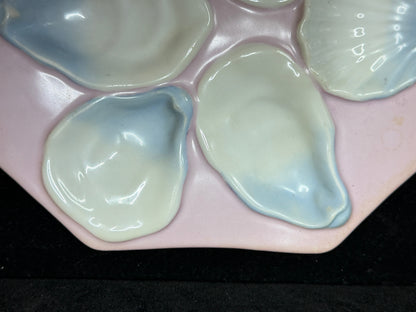 Antique French Porcelain Oyster Plate Pink Blue Six Wells Octagonal 8" A1235
