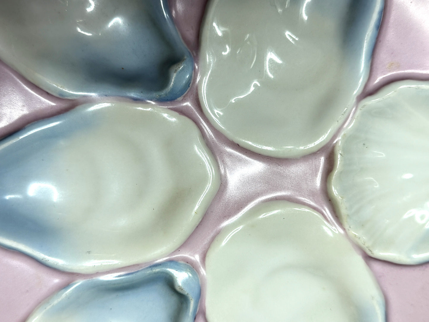 Antique French Porcelain Oyster Plate Pink Blue Six Wells Octagonal 8" A1235